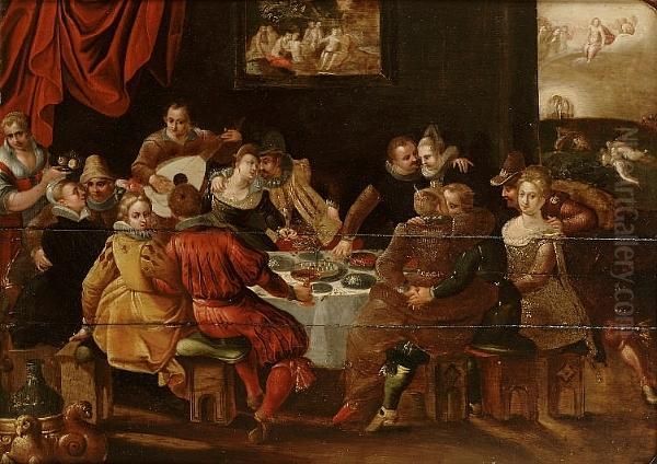 An Elegant Company Feasting And Making Music In An Interior, With The Resurrection Beyond Oil Painting by Dirck Barendsz.