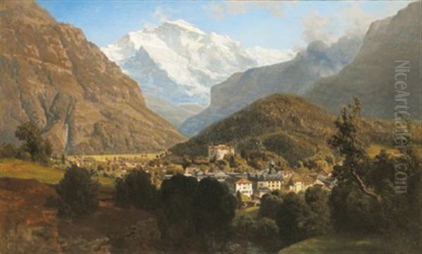 Blick Auf Interlaken, Im Hintergrund Die Jungfrau Oil Painting by Anton Hlavacek