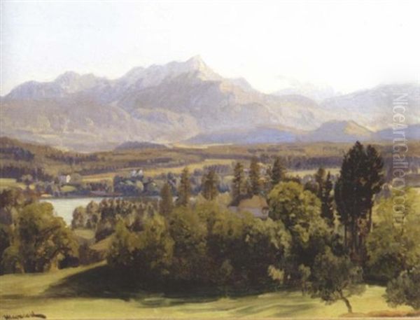 Blick Auf Die Karawanken Mit Dem Mittagskogel Oil Painting by Anton Hlavacek