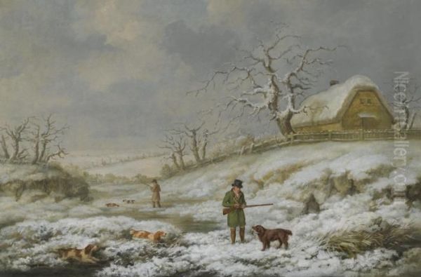 Snipe Shooting In A Winter Landscape Oil Painting by James Barenger