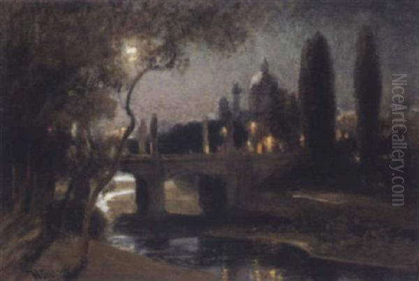 Die Elisabethbrucke, Im Hintergrund Karlskirche, Bei Nacht Oil Painting by Anton Hlavacek