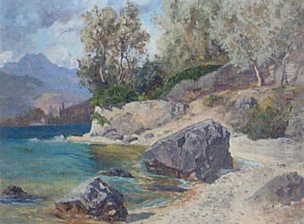 Lake View With Rocky Foreground Oil Painting by Anton Hlavacek