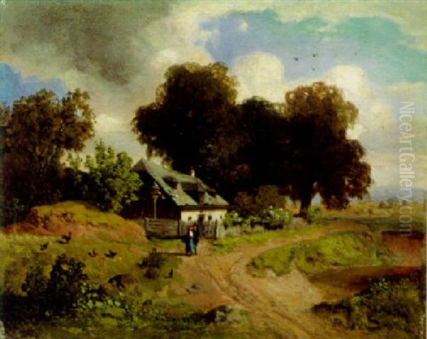 Landschaft Mit Einem Bauernhaus Und Figurlicher Staffage Oil Painting by Anton Hlavacek