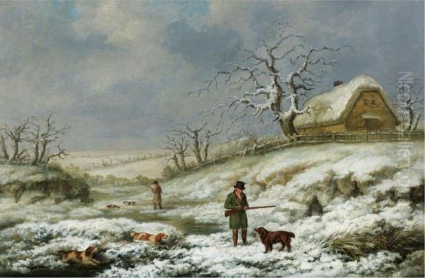 Snipe Shooting In A Winter Landscape Oil Painting by James Barenger