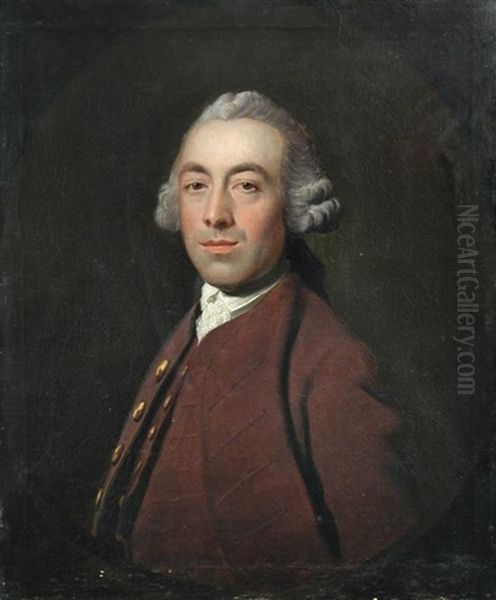 Portrait Of A Gentleman, In A White Lace Stock, Maroon Coat And Powdered Wig Oil Painting by William Hoare