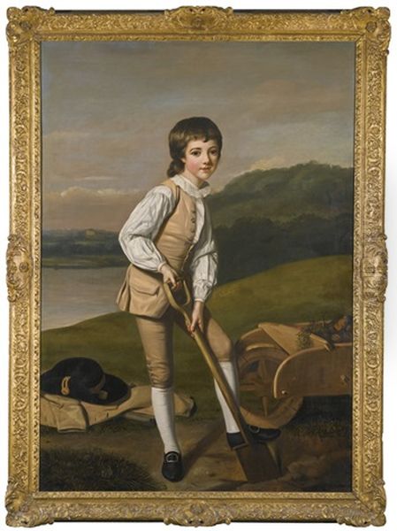 Portrait Of Sir William Clayton, 4th Bt (1762-1834) When A Boy, Wearing A Buff Waistcoat And White Shirt, Holding A Spade Oil Painting by William Hoare