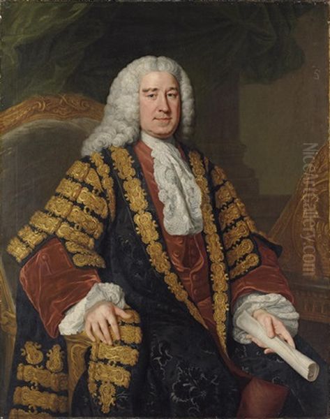 Portrait Of Henry Pelham Seated In Chancellor's Robes, A Scroll In His Left Hand Oil Painting by William Hoare