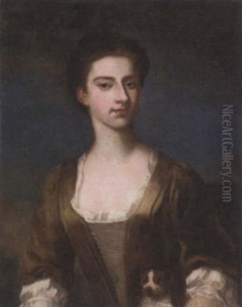 Portrait Of Elizabeth Warburton In Brown Dress With Lace Trim Oil Painting by William Hoare