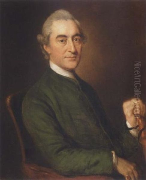 Portrait Of George Burges Wearing A Green Coat And Holding A Walking Stick In His Left Hand Oil Painting by William Hoare