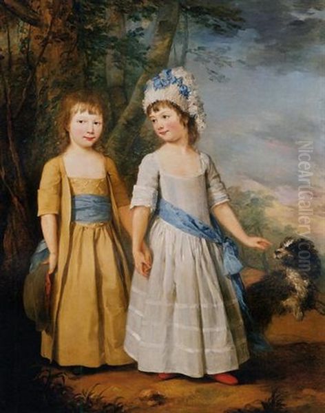 Double Portrait Of Elizabeth And Thomas Trower In A Landscape, With A Dog, He In Light Brown Robes, She In A White Dress And Hat With A Blue Ribbon Oil Painting by William Hoare