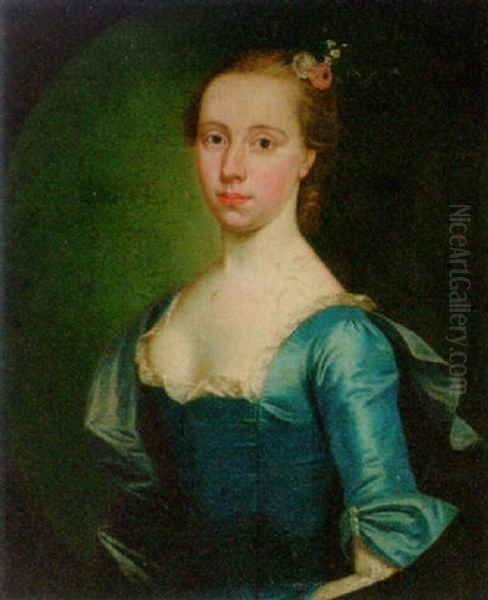 Portrait Of Anne Evans Vowell, Nee Hamilton, In A Blue Dress With A Lace Collar And Blue Wrap Oil Painting by William Hoare