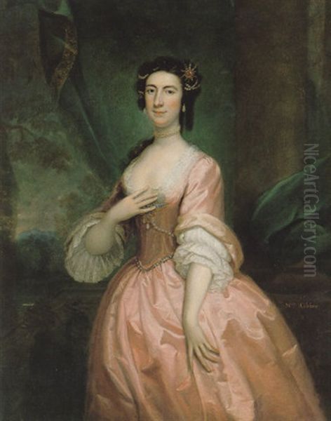 Portrait Of Mrs. Charlotte Charke, (nee Cibber), Wearing A Pink Dress, Edged With Lace Oil Painting by William Hoare