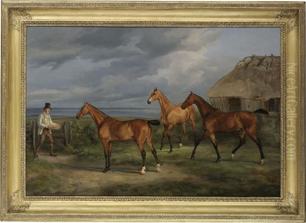 Three Hunters And A Groom In A Landscape, An Estuary Beyond Oil Painting by James Barenger