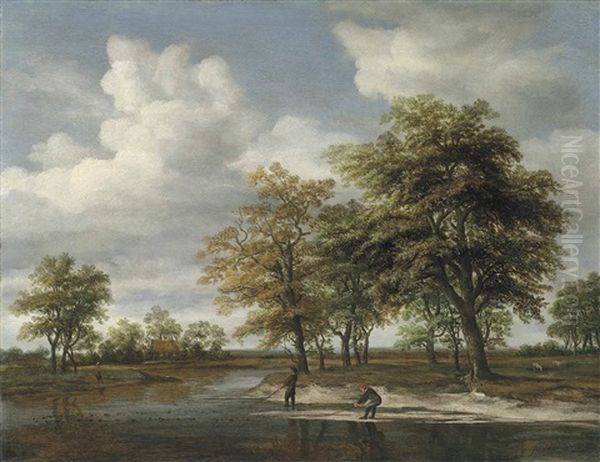 A River Landscape With Fishermen Oil Painting by Meindert Hobbema