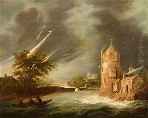 Stormy River Landscape With A Tower Oil Painting by Meindert Hobbema