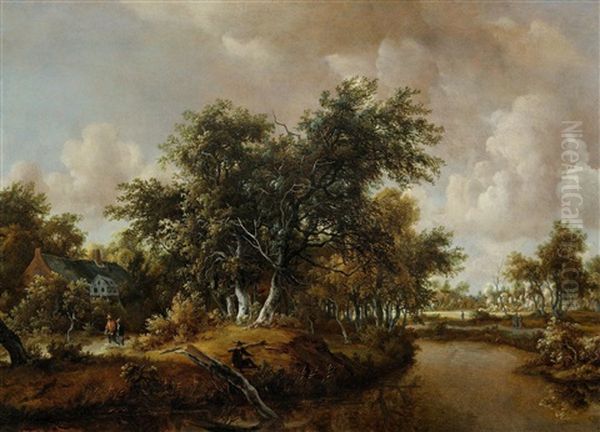 Woodland Landscape With River, With A House, Passers-by And An Angler Oil Painting by Meindert Hobbema