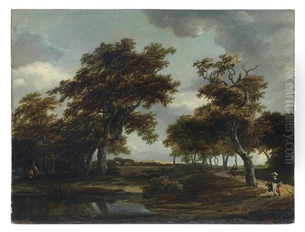 A Wooded River Landscape With Figures On A Path Oil Painting by Meindert Hobbema