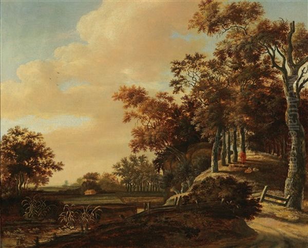 A Wooded Landscape With A Shepherd And His Flock Oil Painting by Meindert Hobbema