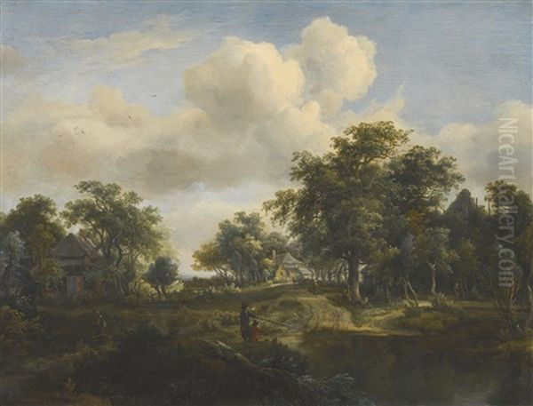 A Hamlet In A Woodland Glade Of Oaks Oil Painting by Meindert Hobbema