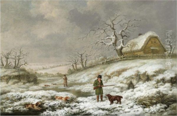 Snipe Shooting In A Winter Landscape Oil Painting by James Barenger