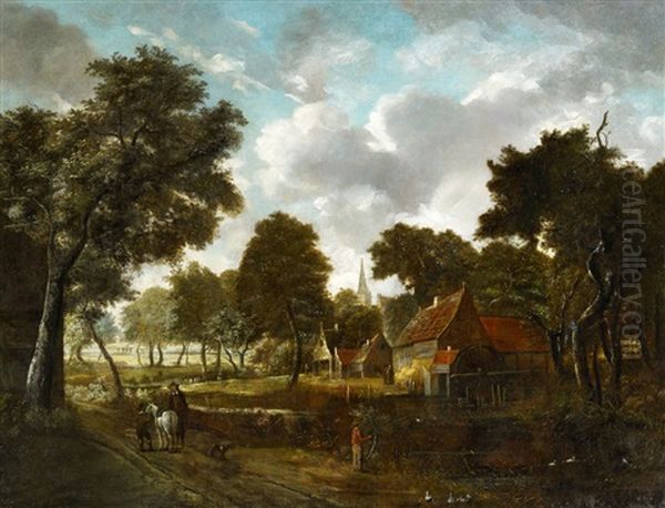 Watermill And Village In A Wooded Landscape Oil Painting by Meindert Hobbema