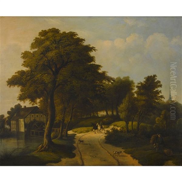 Landschaft Mit Muhle Und Reiterpaar Oil Painting by Meindert Hobbema