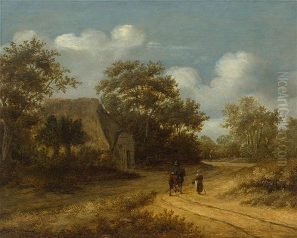 Cottage With Passers-by In A Wooded Landscape Oil Painting by Meindert Hobbema