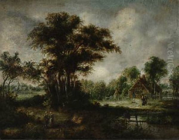 Landscape With Tall Trees And People Walking Along The River Oil Painting by Meindert Hobbema