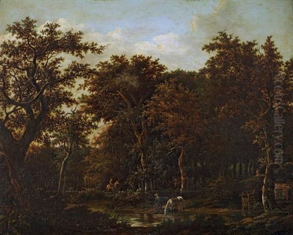 Paysage De Sous-bois Au Bord D'une Riviere Anime De Cavaliers Oil Painting by Meindert Hobbema