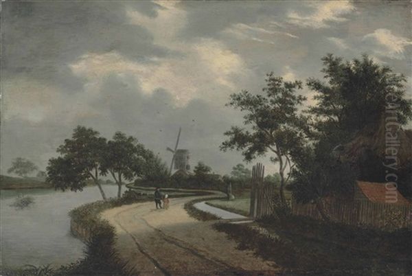 A River Landscape With Figures Conversing On A Path, A Windmill Beyond Oil Painting by Meindert Hobbema