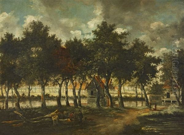 A Wooded Landscape With Houses By A Canal Oil Painting by Meindert Hobbema