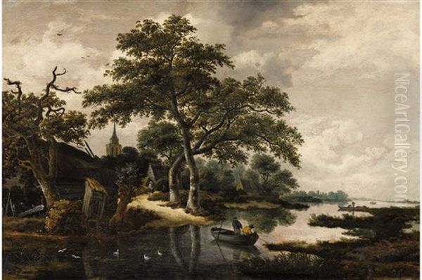 Wooded Landscape With River Oil Painting by Meindert Hobbema