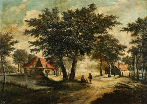 Le Repos Des Chasseurs Pres D'un Moulin (in 3 Parts) Oil Painting by Meindert Hobbema