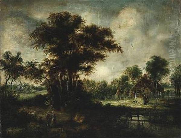 Landscape With Tall Trees And People Walking Along The River Oil Painting by Meindert Hobbema