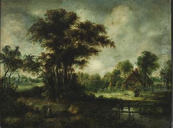 Landscape With Tall Trees And People Walking Along The River Oil Painting by Meindert Hobbema