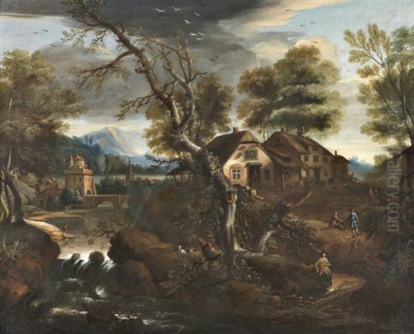 Paisagem Com Rio Casa E Figuras by Meindert Hobbema