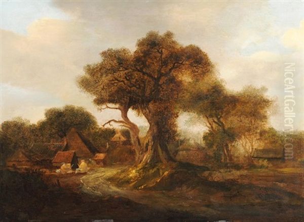 Weiler Bei Einem Grossen Baum Oil Painting by Meindert Hobbema