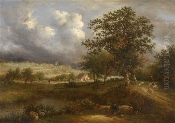 Landschaft Mit Hirten Und Ihrer Herde An Einem Teich Oil Painting by Meindert Hobbema