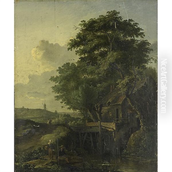 A Pastoral Landscape With Figures And Windmill Oil Painting by Meindert Hobbema