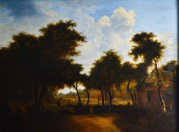 Figures By A Cottage In A Wooded Landscape Oil Painting by Meindert Hobbema