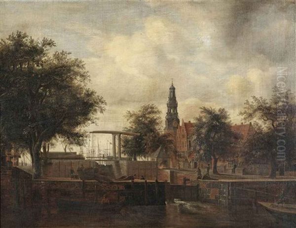 A View Of Amsterdam With The Haarlemmersluis And The Haringpakkerstoren Oil Painting by Meindert Hobbema