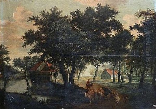 Troupeau De Vaches Sur Un Chemin Au Bord De La Riviere Oil Painting by Meindert Hobbema