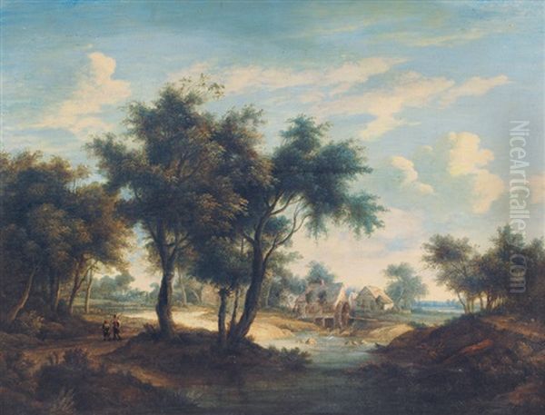 Mill In A River Landscape Oil Painting by Meindert Hobbema