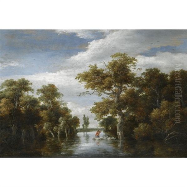 A Wooded Landscape With A Shepherd And His Flock Crossing A River Oil Painting by Meindert Hobbema