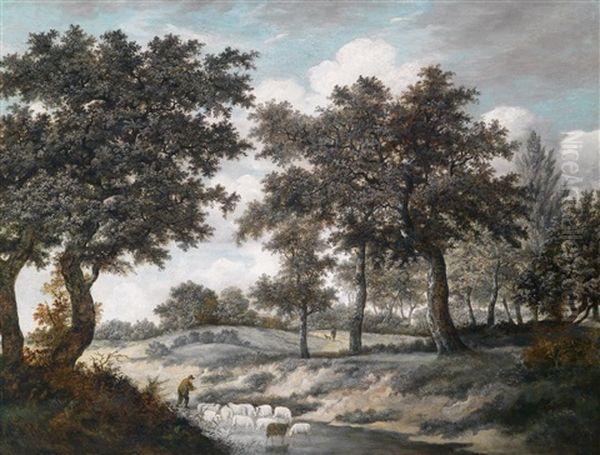 Ein Schafer Trankt Seine Herde In Einer Furt Oil Painting by Meindert Hobbema