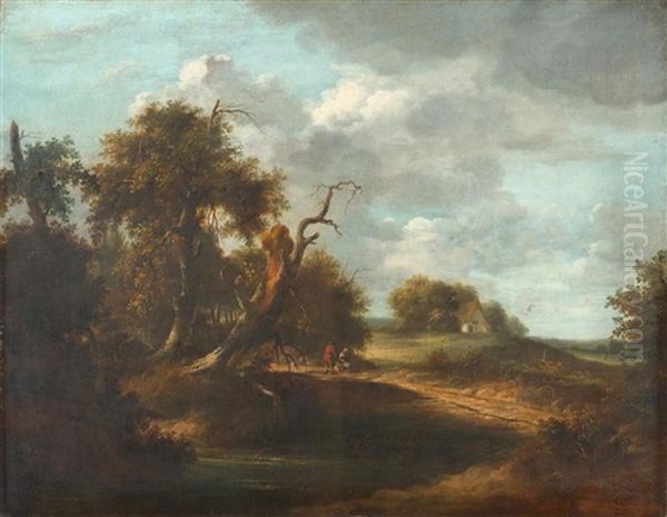 Bewaldete Flusslandschaft Mit Zwei Figuren Oil Painting by Meindert Hobbema