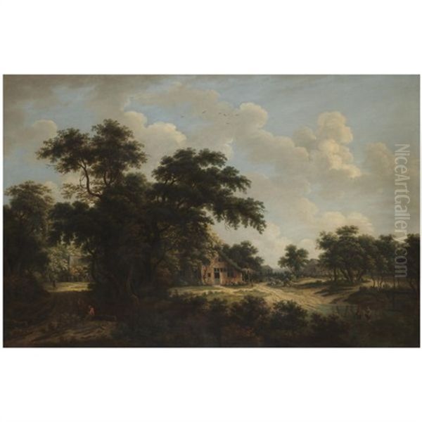 A Wooded Landscape With Figures Fording A Stream Near A Cottage Oil Painting by Meindert Hobbema