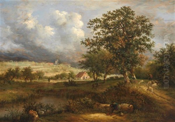 Hirten Und Ihre Herde Am Ufer Eines Teiches Oil Painting by Meindert Hobbema