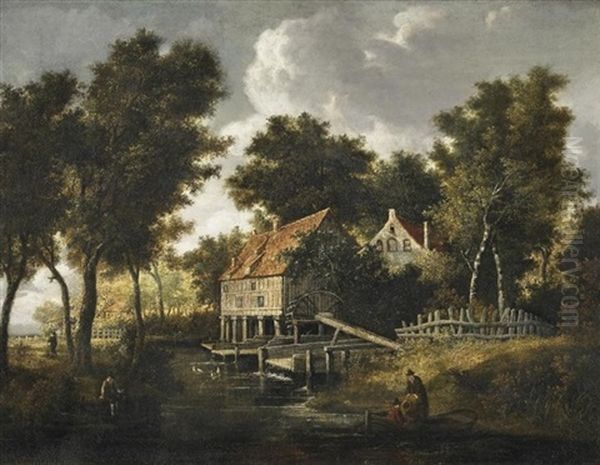 Wassermuhle Am Waldesrand. Vorn Einige Fischer Am Muhlteich Oil Painting by Meindert Hobbema