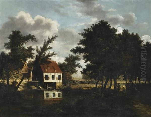 Hollandische Kanallandschaft Mit Fischerkate. Vorn Am Waldesrand Jager Mit Ihren Hunden Oil Painting by Meindert Hobbema